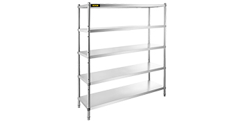 stainless steel VEVOR storage shelf with five adjustable shelves.