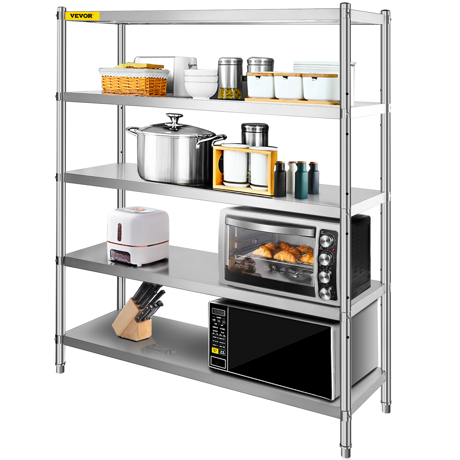 VEVOR storage shelf with kitchen appliances, jars, and utensils neatly organized.
