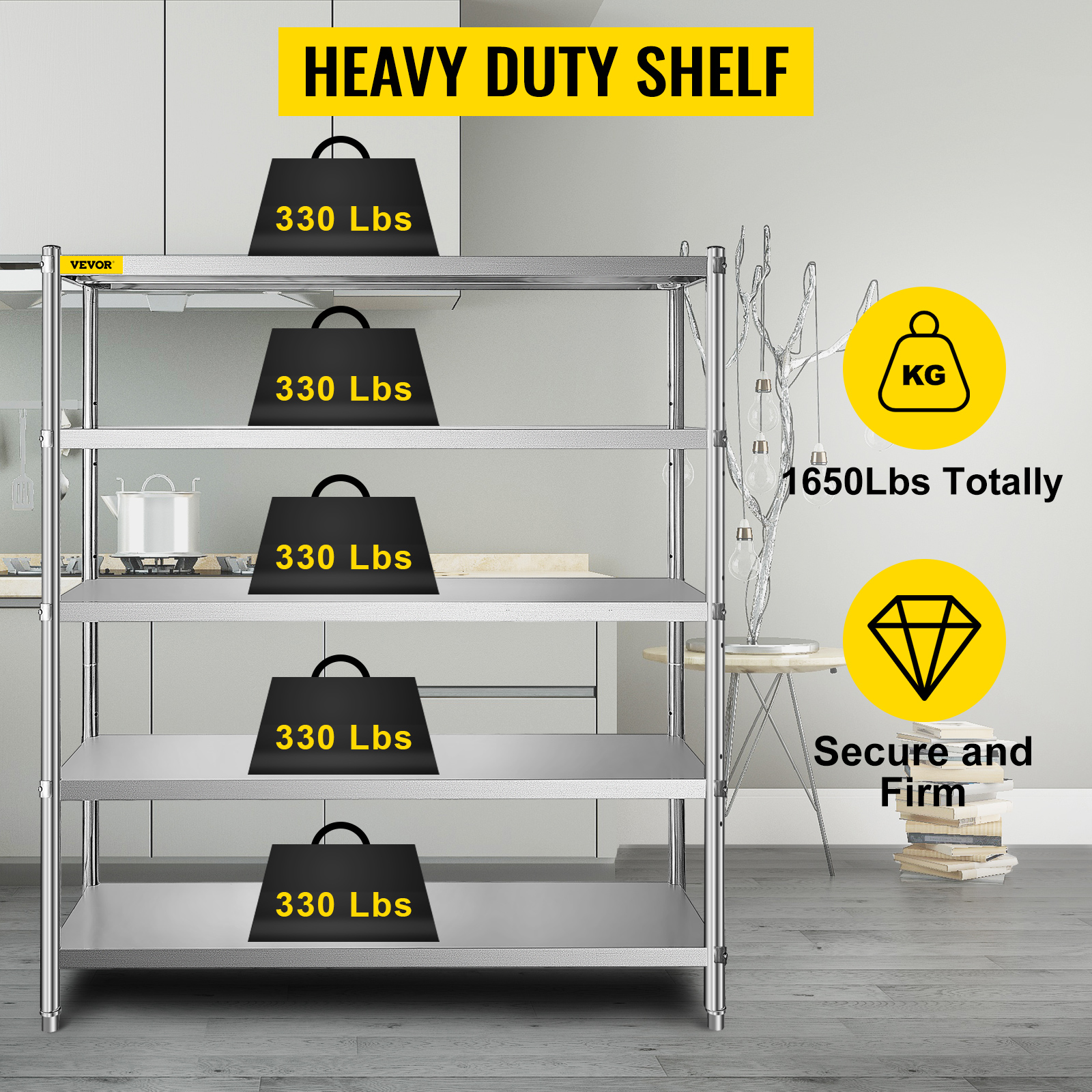 heavy-duty VEVOR storage shelf in a kitchen, holds 330 lbs per tier, totaling 1650 lbs.