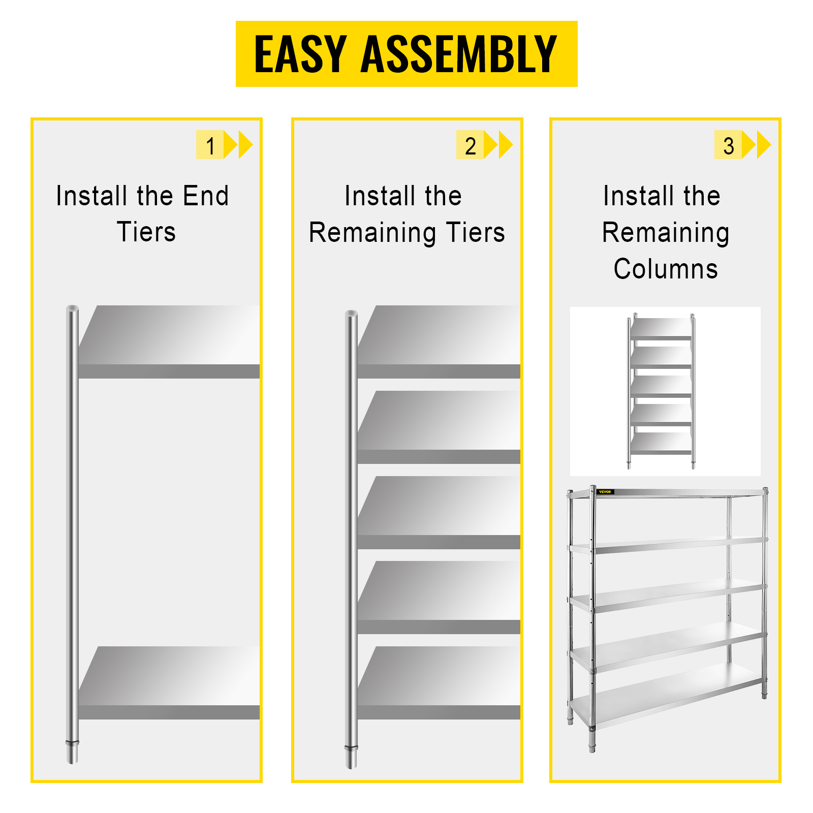 VEVOR storage shelf assembly steps: install end tiers, remaining tiers, and columns.