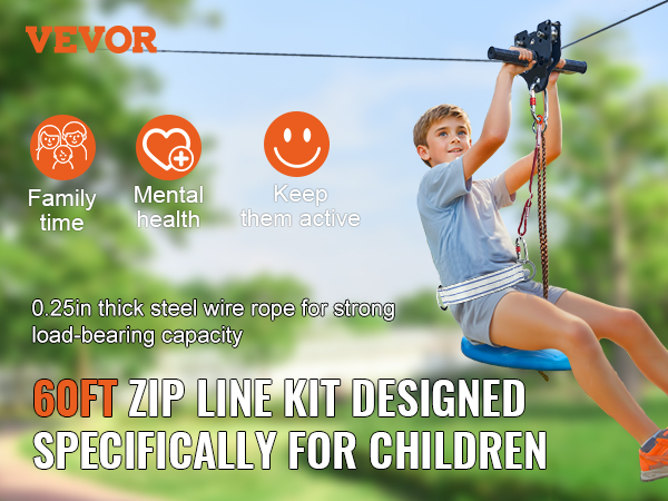 VEVOR zipline komplekts bērniem ar 60 pēdu garu tērauda virvi, 550 mārciņu svara ietilpību un cpc drošības sertifikātu.
