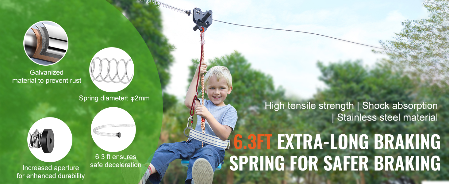 Bērnam patīkams VEVOR zipline komplekts ar 6,3 pēdas garu bremzēšanas atsperi, cinkots materiāls rūsas novēršanai.