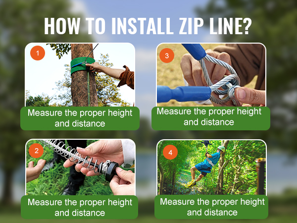 kā uzstādīt VEVOR zipline komplektu: izmērīt augstumu, droši uzstādīt, pārbaudīt drošību, izbaudīt braucienu.