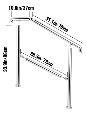 VEVOR nerūsējošā tērauda margas ar izmēriem: Augstums 86 cm, garums 79 cm, atbalsta sijas garums 72 cm.