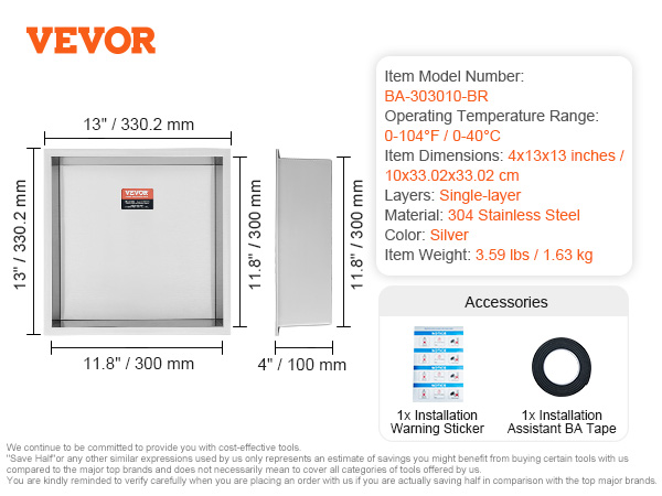 VEVOR shower niche measuring 13x13 inches, with 304 stainless steel, single-layer, includes tape and sticker.