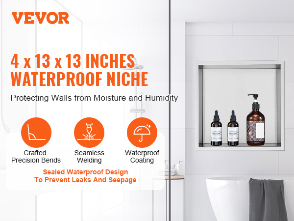 VEVOR shower niche, 4x13x13 in, waterproof design with seamless welding and precision bends in a modern bathroom.