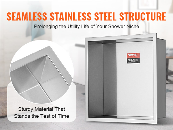 seamless VEVOR shower niche, stainless steel structure for durability, in a modern bathroom setting.