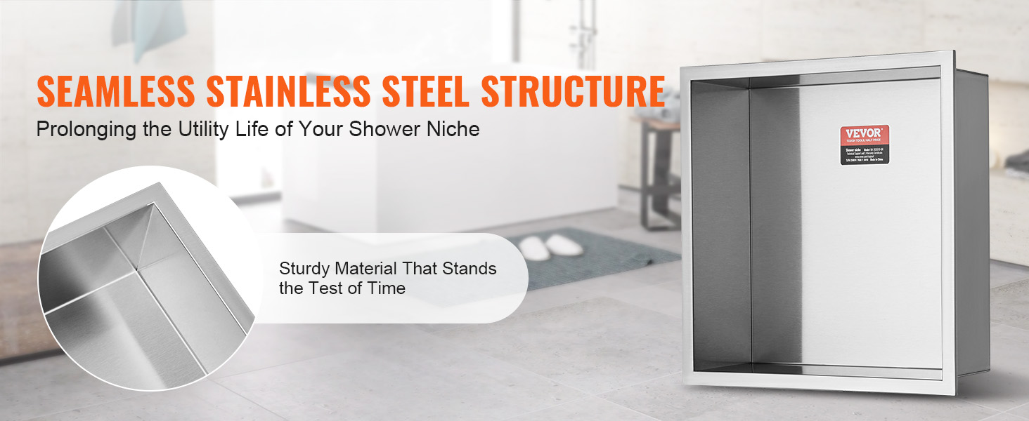 seamless VEVOR shower niche, stainless steel structure for durability, in a modern bathroom setting.