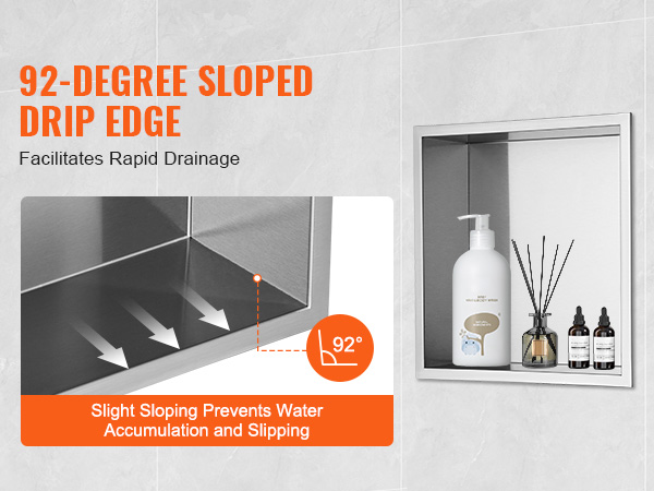 VEVOR shower niche with 92-degree sloped drip edge for rapid drainage, holding various bath products.