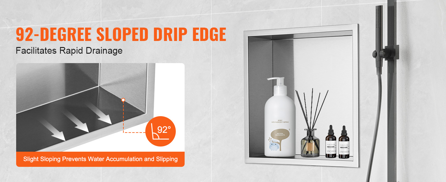 VEVOR shower niche with 92-degree sloped drip edge for rapid drainage, holding various bath products.