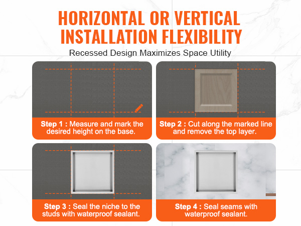 VEVOR shower niche with vertical and horizontal installation options, showcasing step-by-step guide.