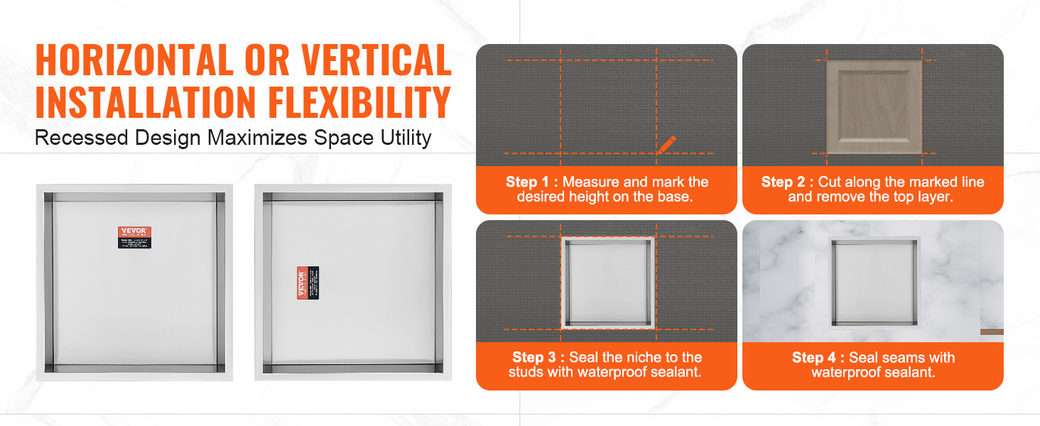 VEVOR shower niche with vertical and horizontal installation options, showcasing step-by-step guide.