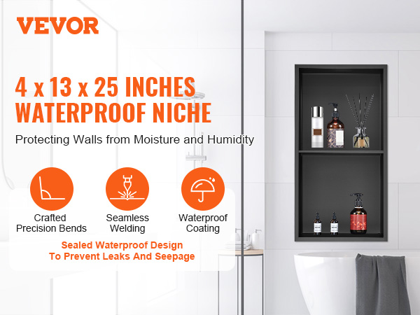 VEVOR shower niche 4 x 13 x 25 inches, waterproof with crafted precision bends, seamless welding.