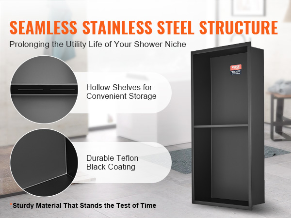 VEVOR shower niche, seamless stainless steel, hollow shelves, black teflon coating, durable.