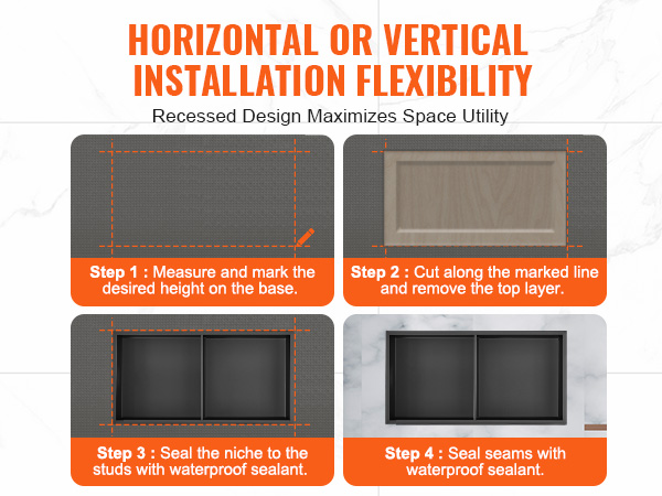 VEVOR shower niche: four-step installation guide with horizontal and vertical layout options.