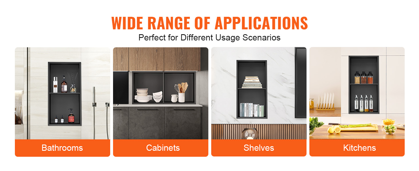 wide range of applications for VEVOR shower niche in bathrooms, cabinets, shelves, and kitchens.