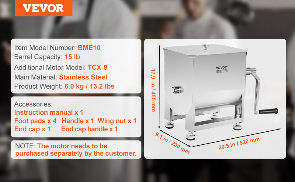 VEVOR meat mixer bme10, 15 lb capacity, stainless steel, dimensions 20.5"x9.1"x17.9".