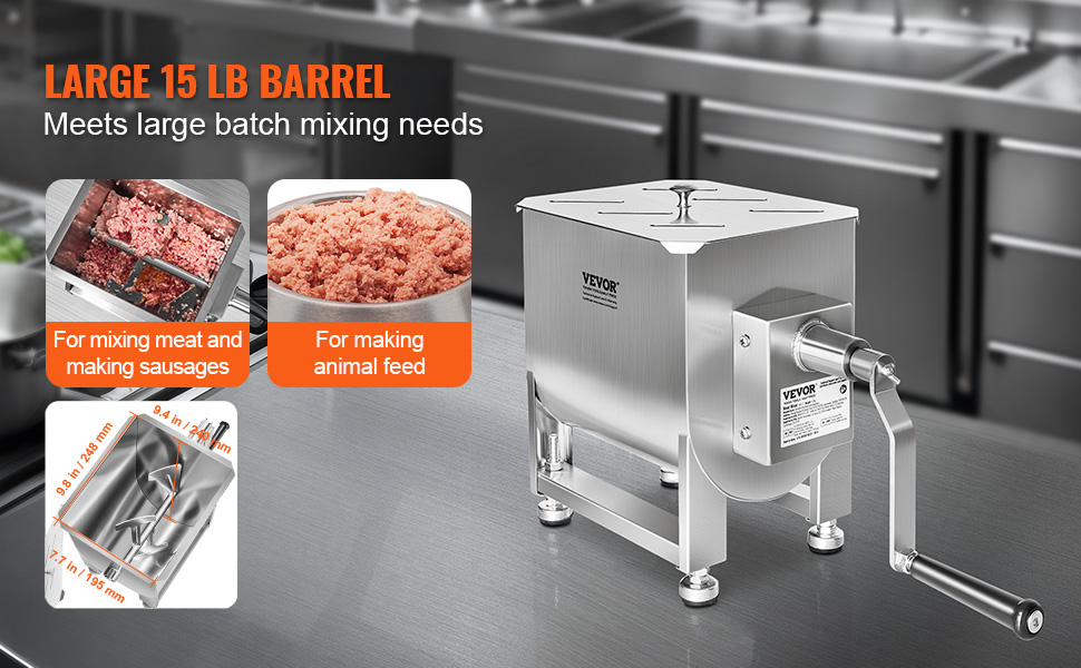 VEVOR meat mixer with large 15 lb barrel, perfect for mixing meat and making sausages or animal feed.