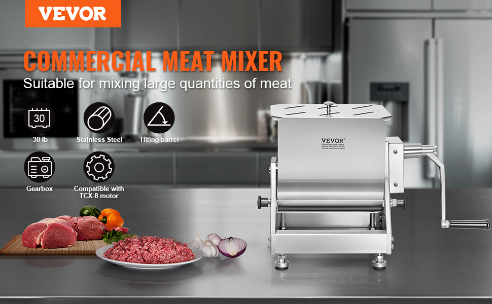 VEVOR meat mixer with stainless steel body, tilting barrel, and 30 lb capacity shown in a kitchen setting.