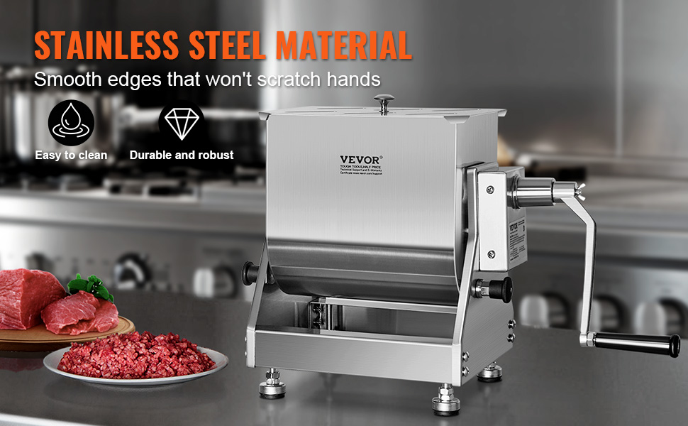 VEVOR meat mixer with a stainless steel body in a kitchen, paired with plates of raw and ground meat.