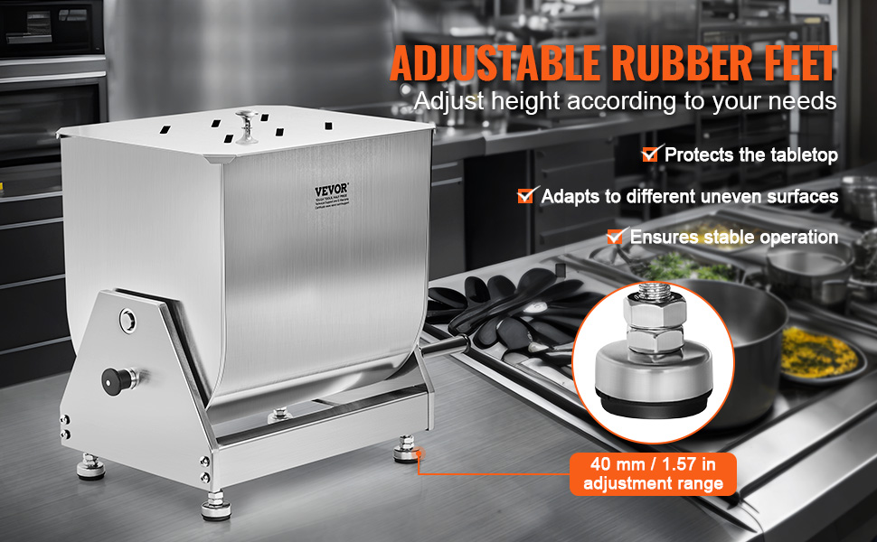 VEVOR meat mixer with adjustable rubber feet for stable operation and height adjustment in a kitchen.