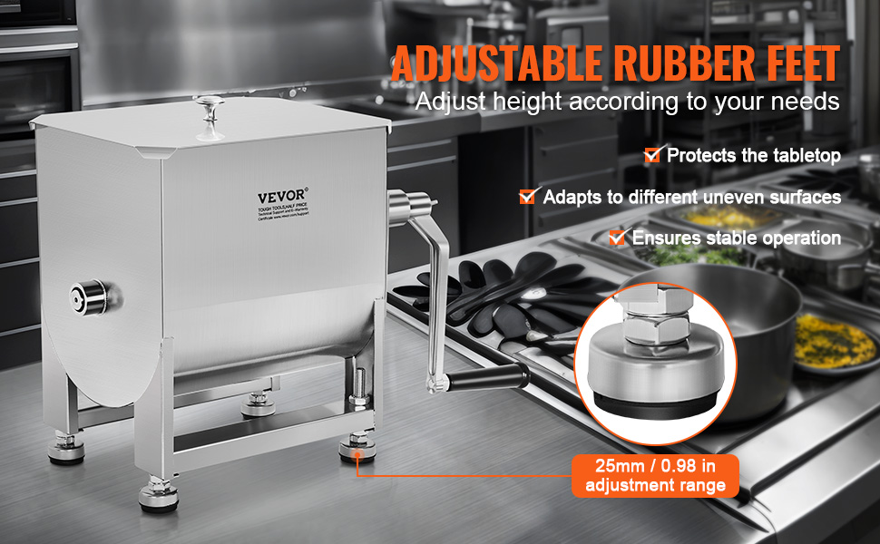 VEVOR meat mixer in a professional kitchen with adjustable rubber feet for stability and surface protection.