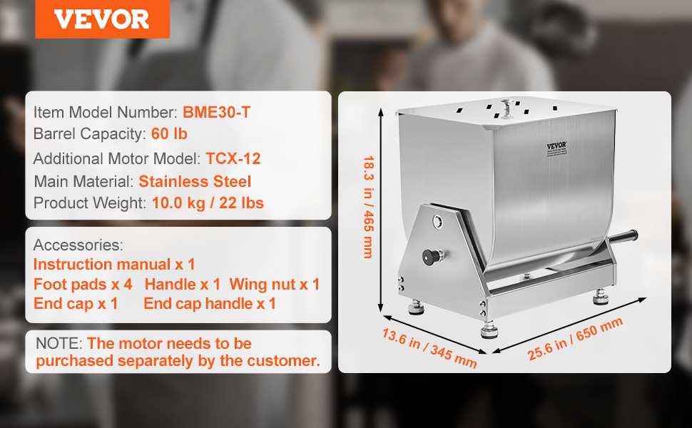 VEVOR meat mixer, 60 lb capacity, stainless steel, model bme30-t. includes manual, foot pads, handle, end caps.