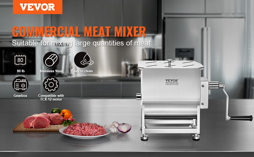VEVOR meat mixer in stainless steel, suitable for mixing 80 lb of meat, with easy-to-clean features.