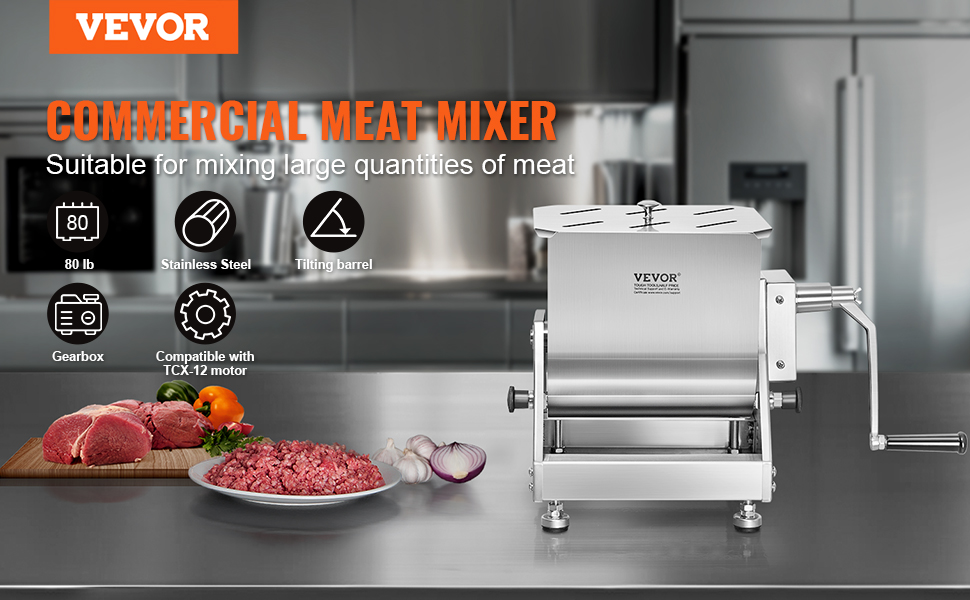 VEVOR meat mixer with stainless steel body alongside raw meat, vegetables, and kitchen in the background.