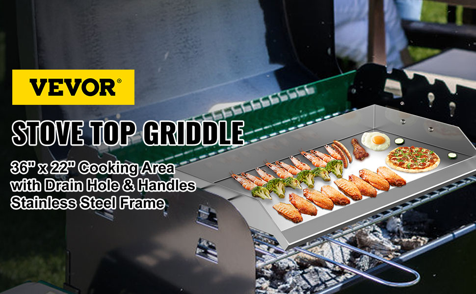 VEVOR stainless steel griddle with food cooking on a grill.