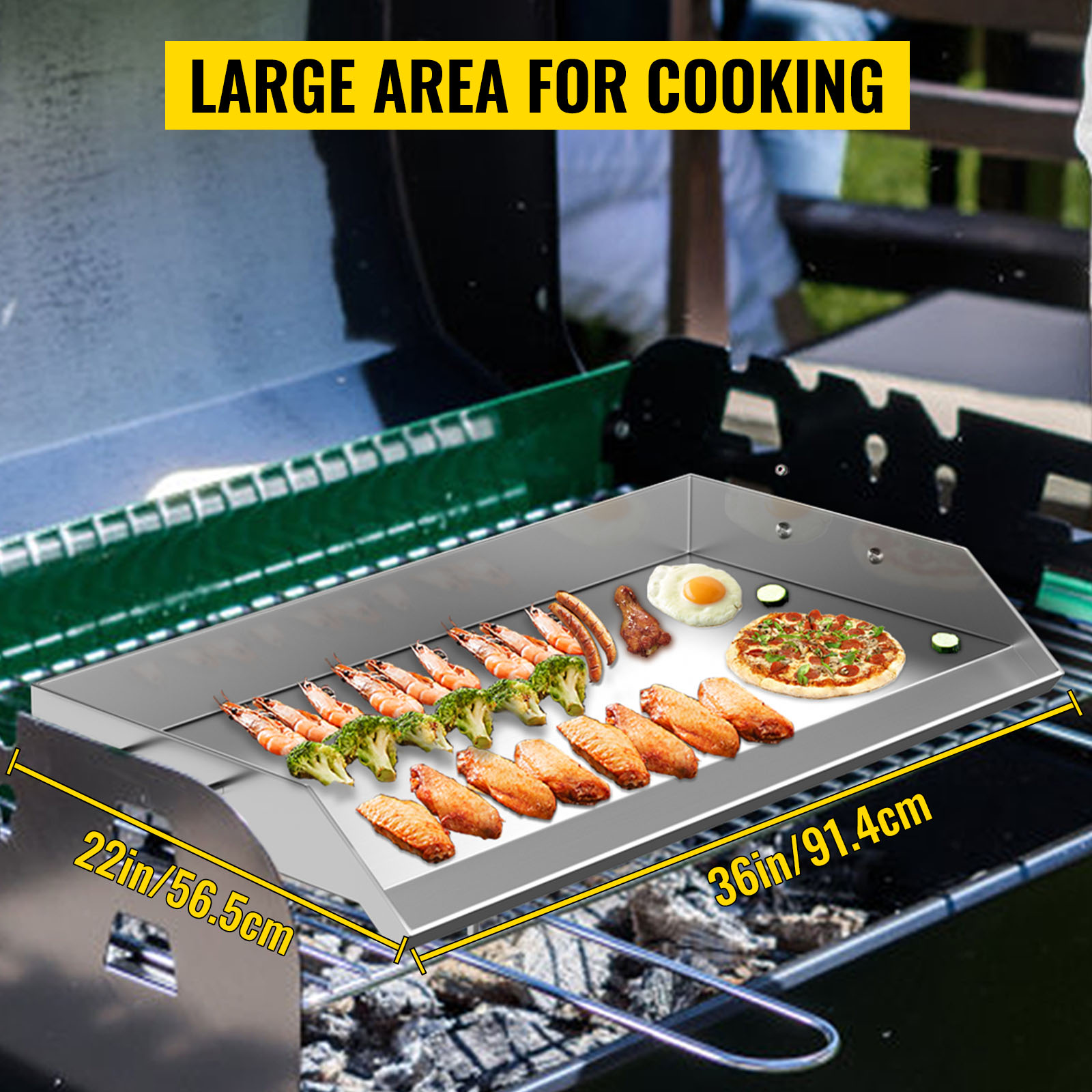 VEVOR stainless steel griddle with large cooking area, dimensions 36in x 22in.