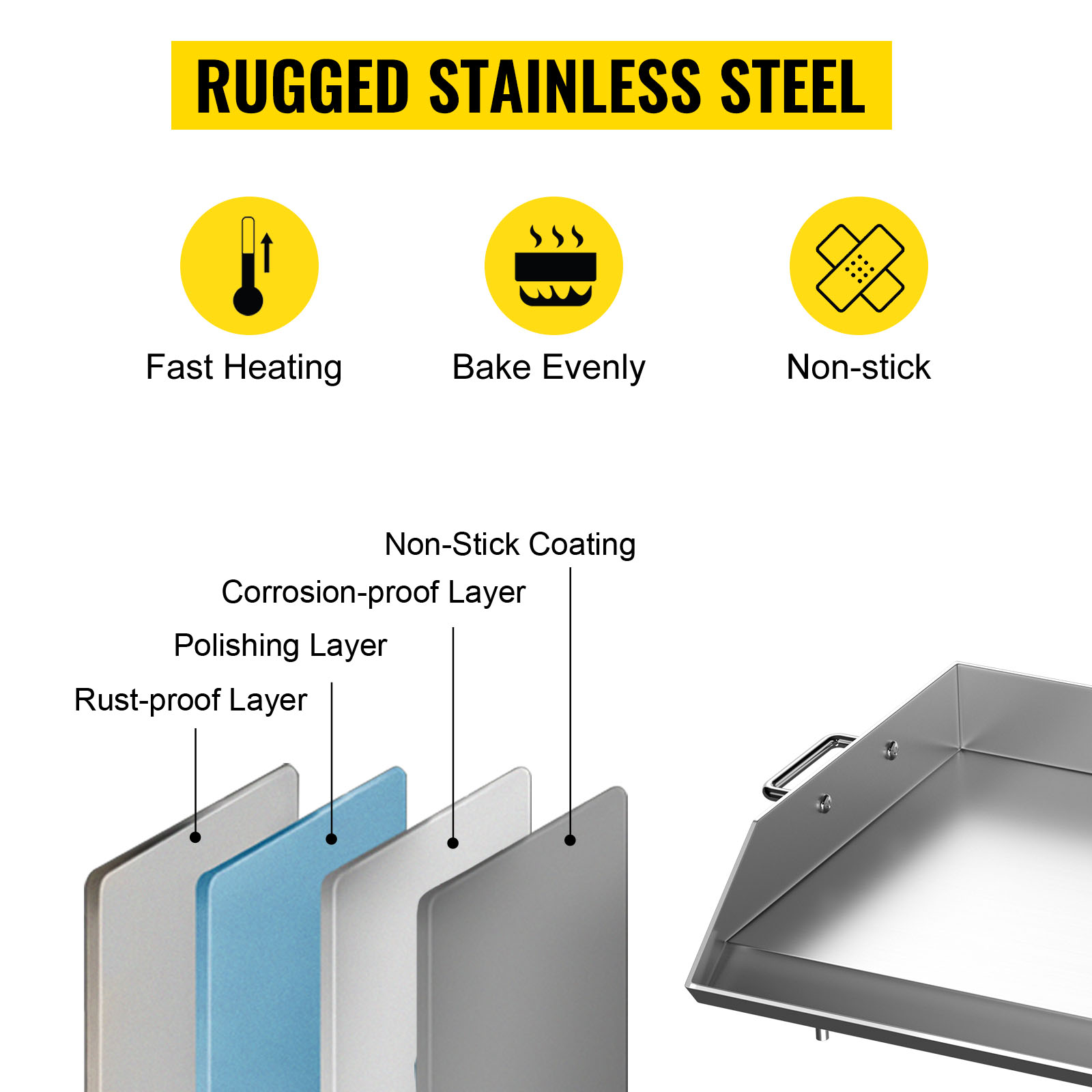 VEVOR stainless steel griddle with non-stick coating, fast heating, bake evenly, and rugged layers.