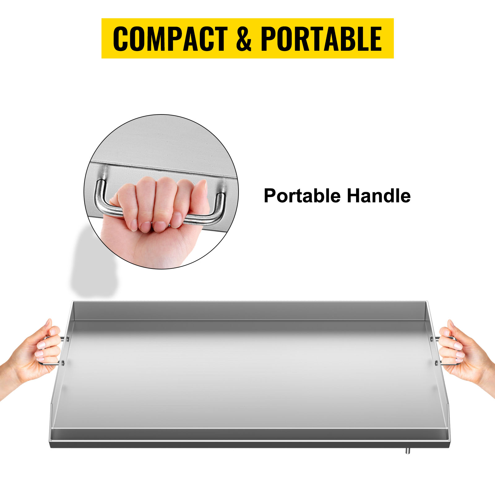 VEVOR stainless steel griddle with portable handles for compact and easy transport.