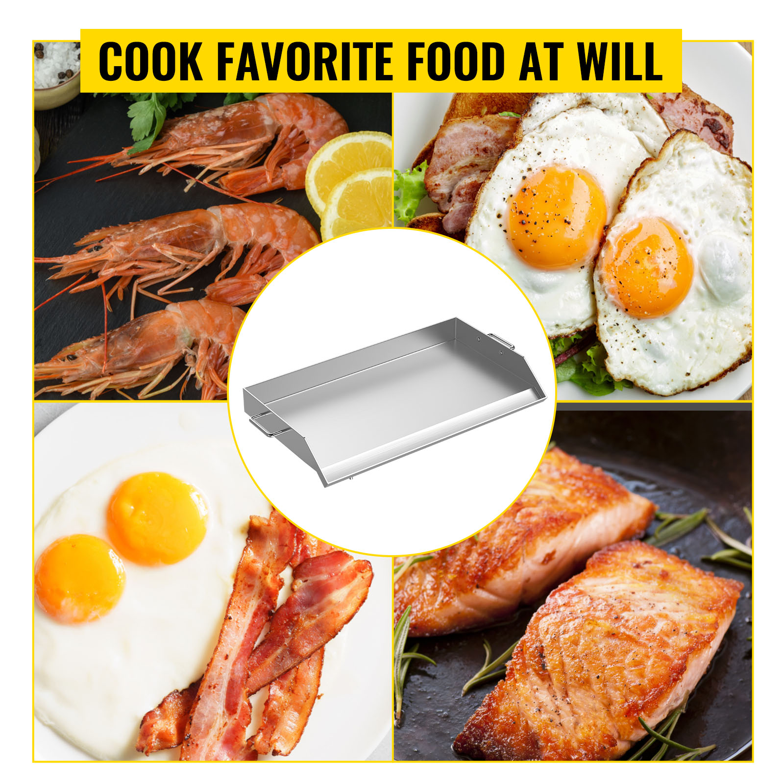 VEVOR stainless steel griddle with cooked shrimp, eggs, bacon, and salmon dishes.
