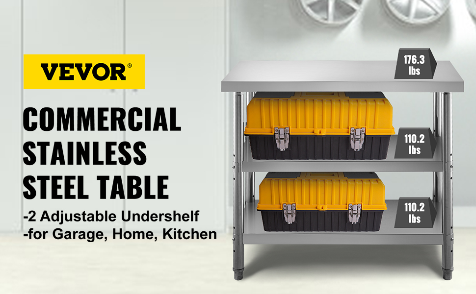 VEVOR stainless steel prep table with adjustable undershelves in a garage or kitchen setting