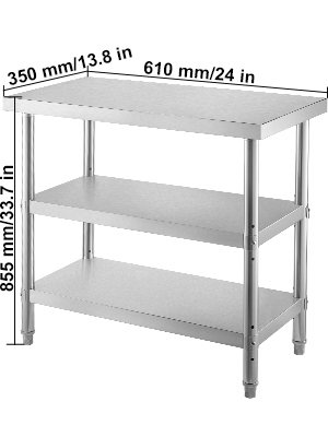 VEVOR stainless steel prep table with measurements 850x350x610 mm, 3-tier design.