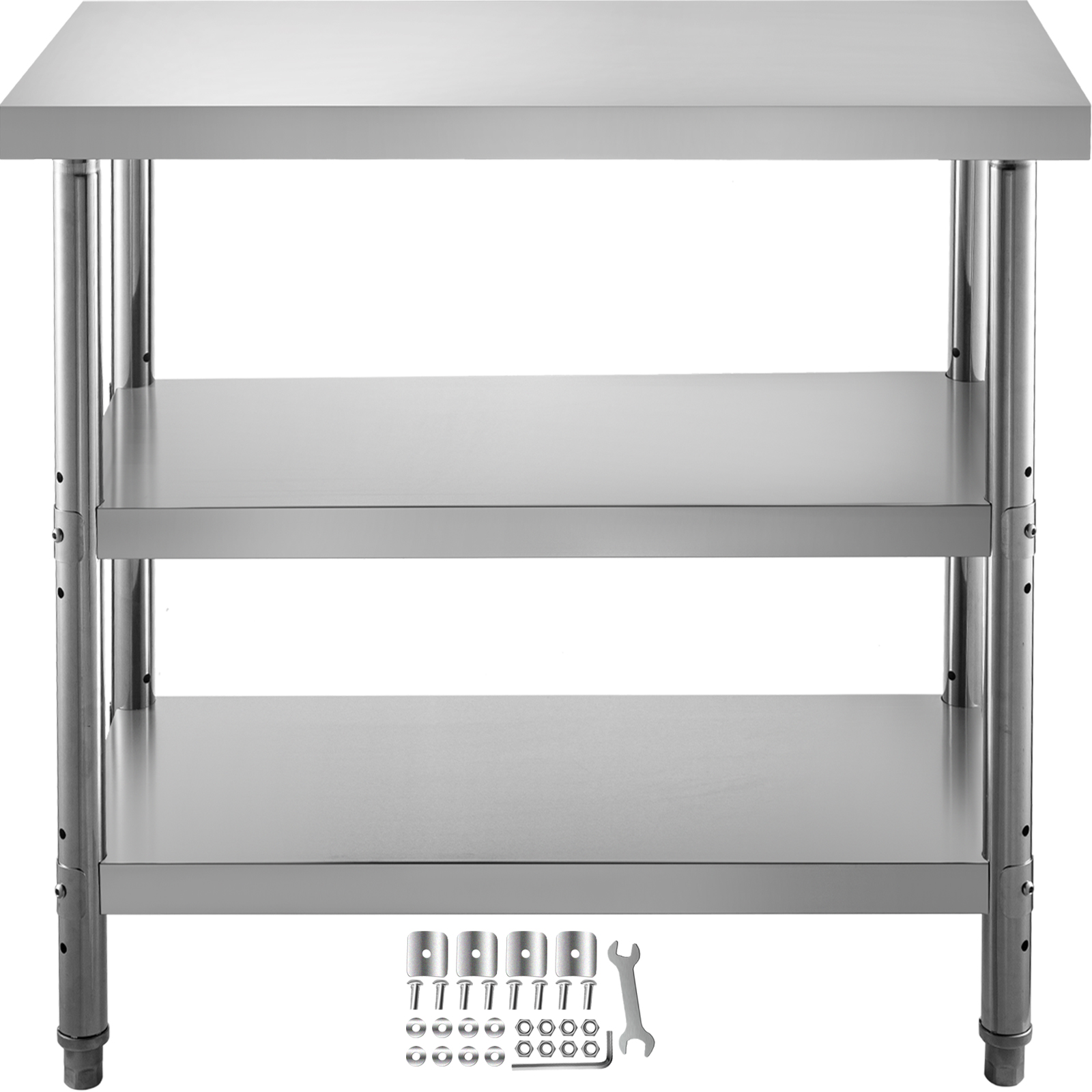 VEVOR stainless steel prep table with two lower shelves and assembly tools.