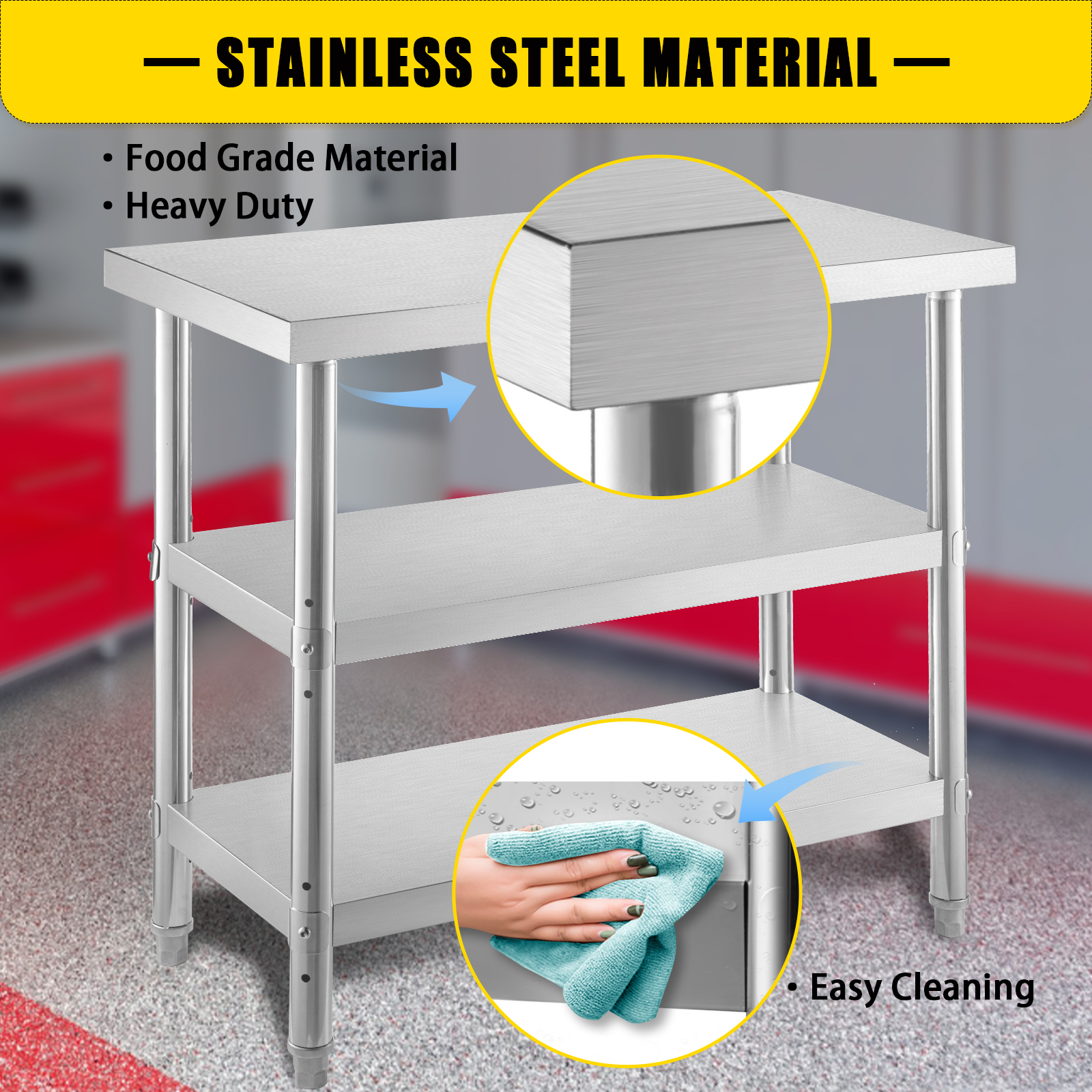 VEVOR stainless steel prep table with shelves and easy-to-clean surface.