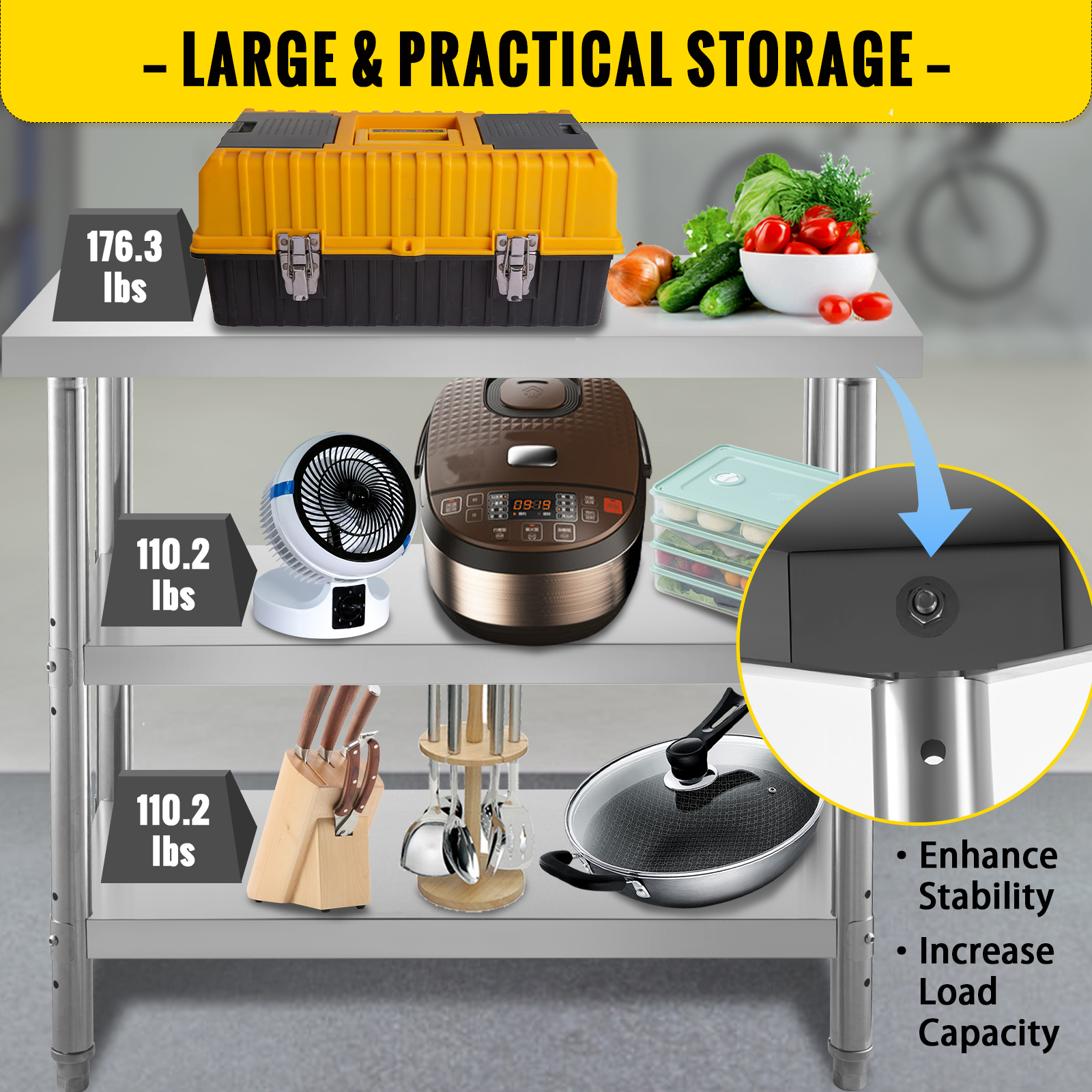 VEVOR stainless steel prep table with large storage and high load capacity items.