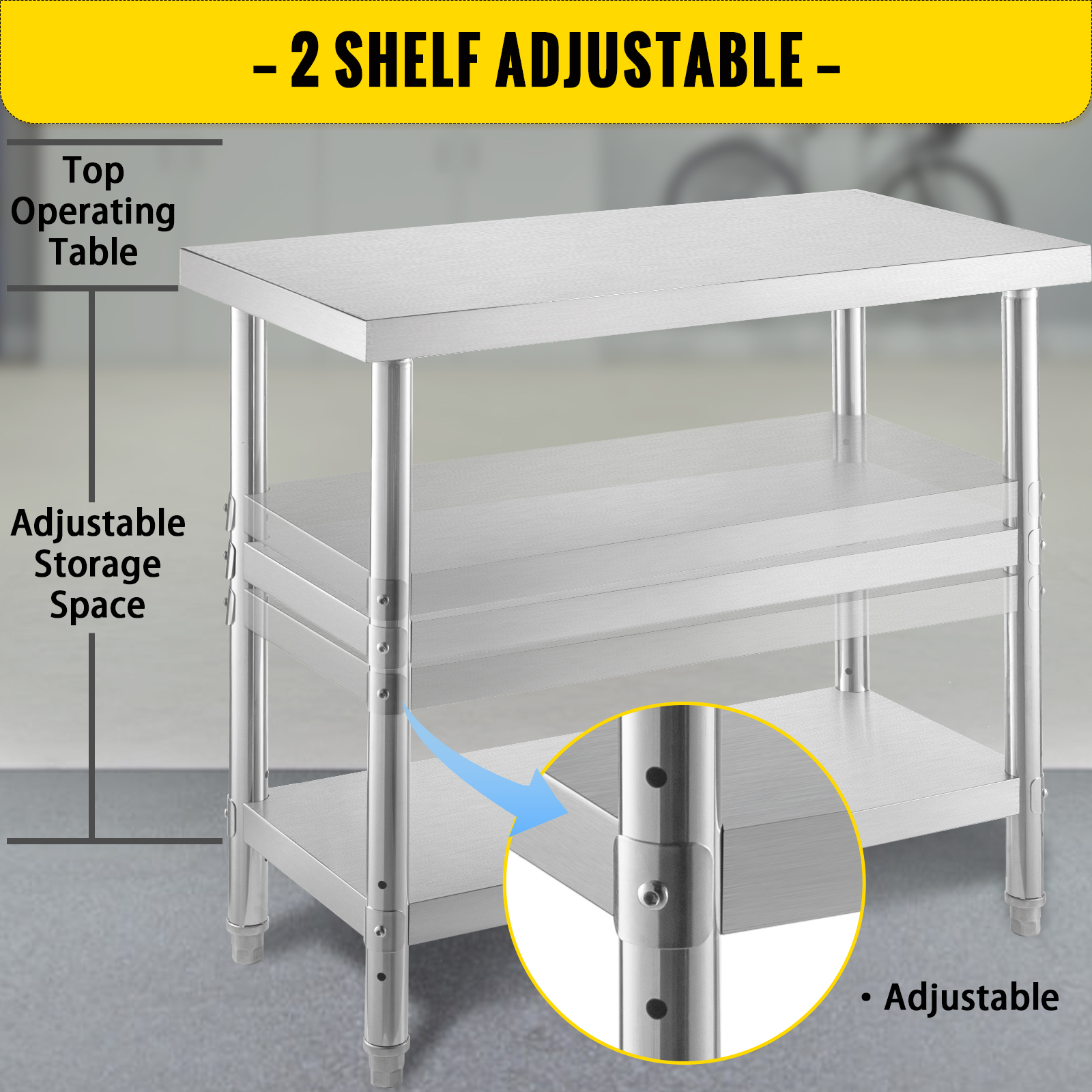 VEVOR stainless steel prep table with adjustable two-shelf storage system.
