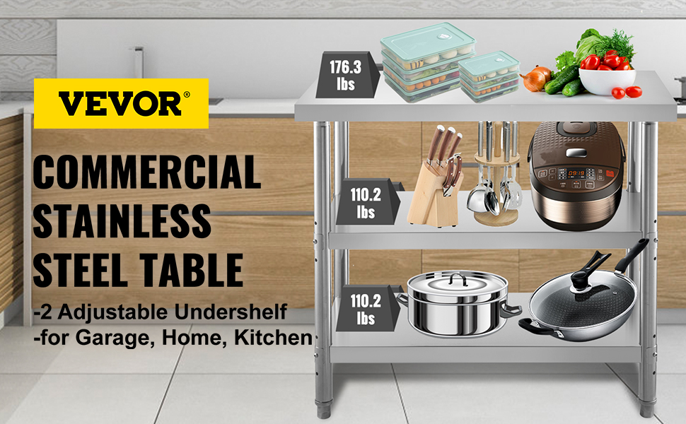 VEVOR outdoor food prep table with adjustable undershelf for kitchen and garage.