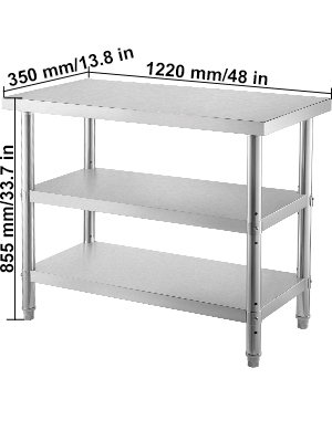 VEVOR outdoor food prep table with three shelves, 48x13.8x33.7 inches, metallic finish.