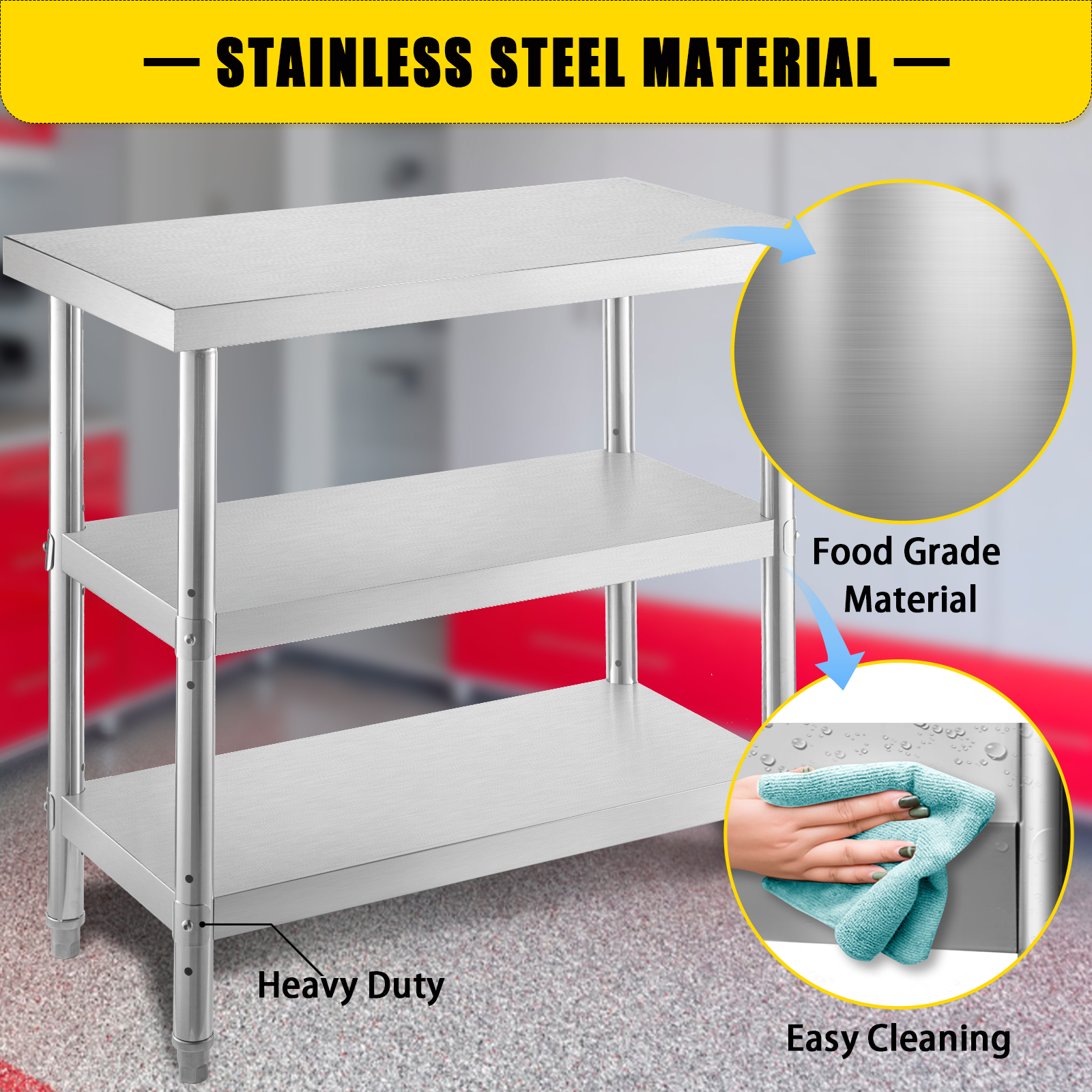 VEVOR outdoor food prep table made of stainless steel for heavy-duty and easy cleaning.