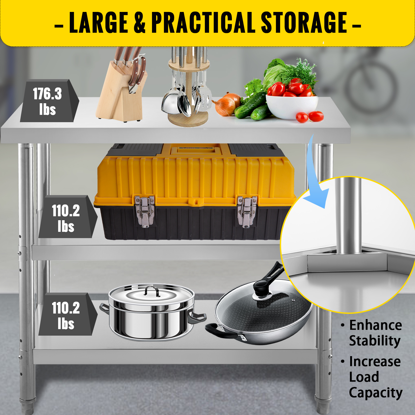 VEVOR outdoor food prep table with practical storage for kitchen tools, vegetables, and cookware.