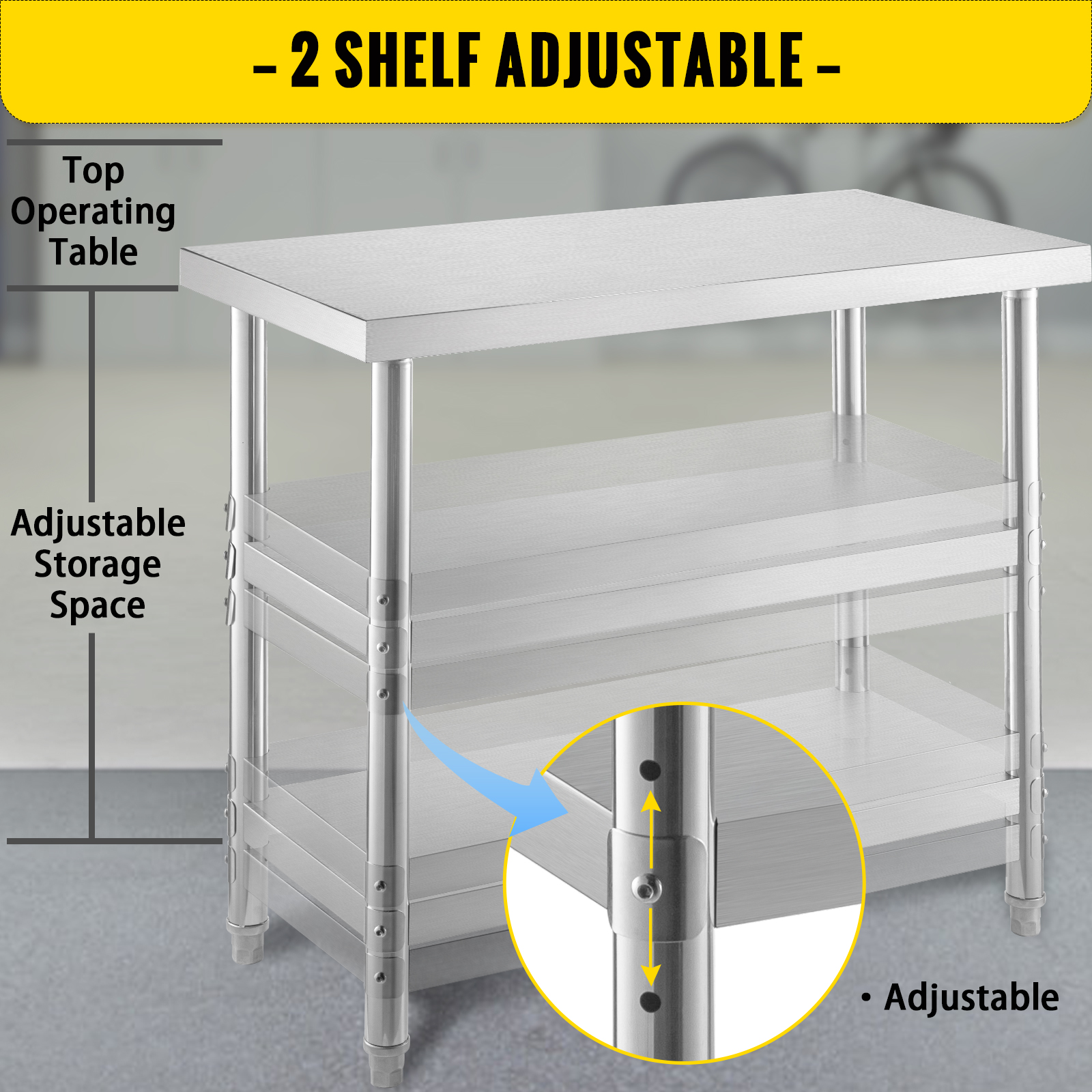 VEVOR outdoor food prep table with adjustable two-tier shelf and operating table.