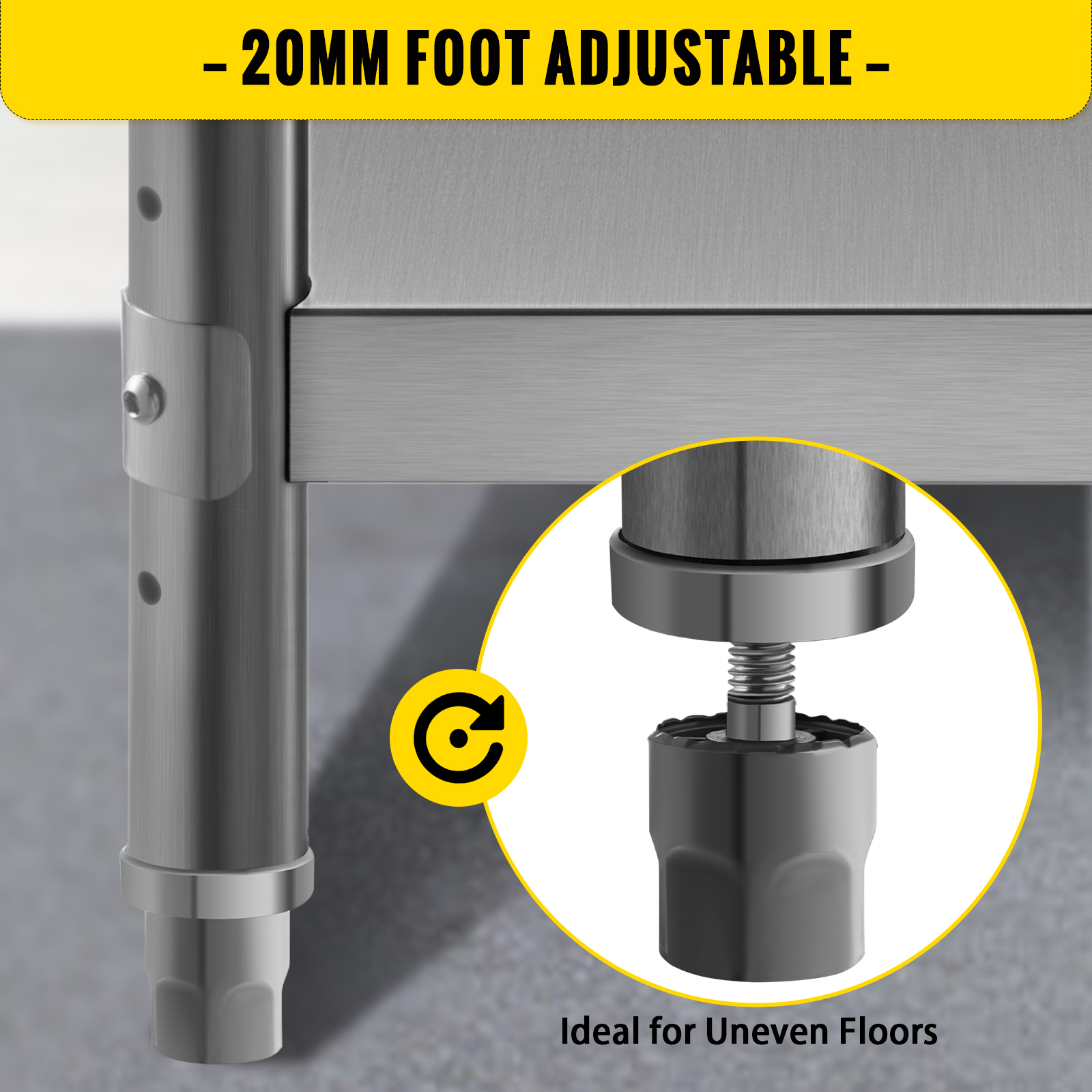 VEVOR outdoor food prep table with adjustable 20mm foot, ideal for uneven floors.