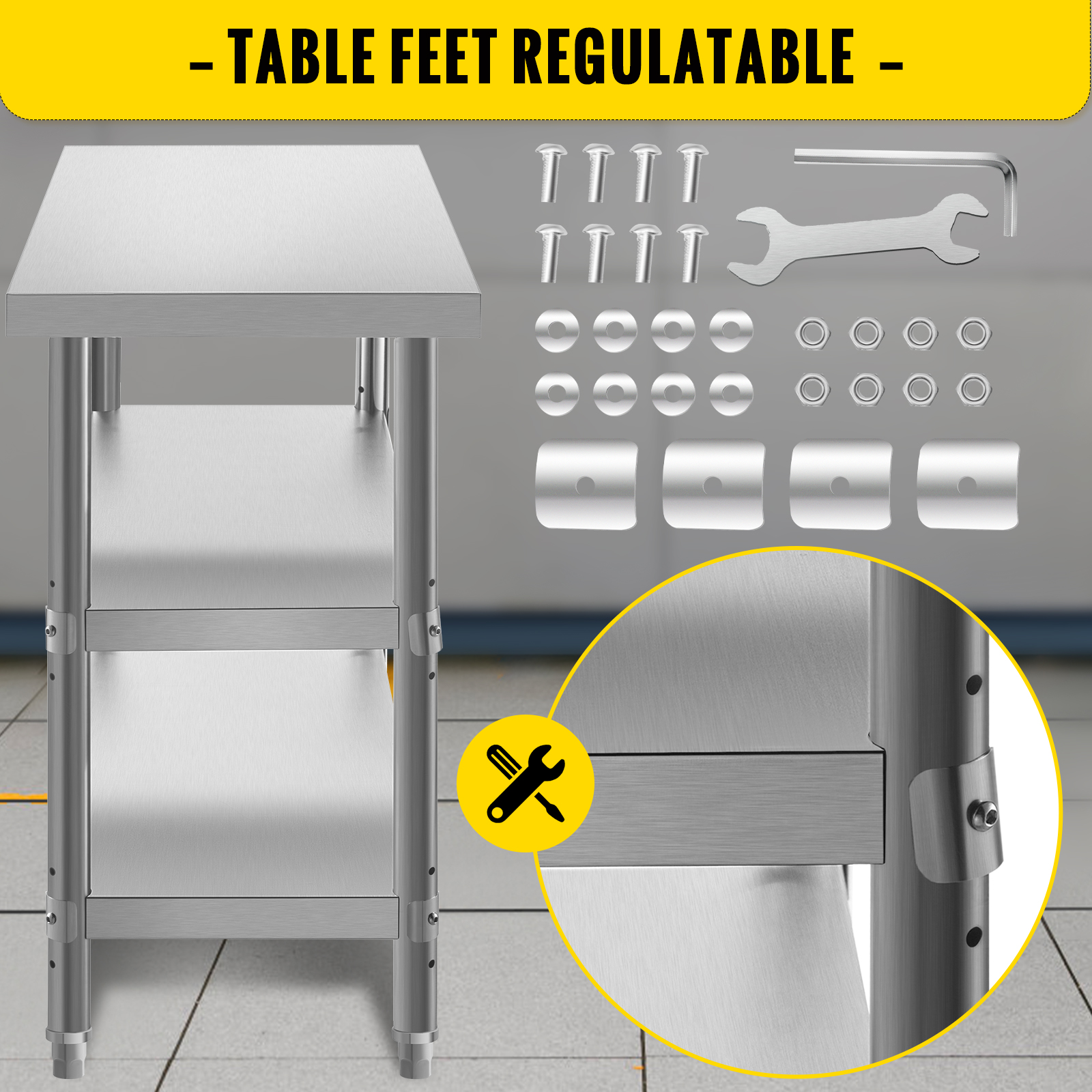VEVOR outdoor food prep table with regulatory feet and included assembly parts.