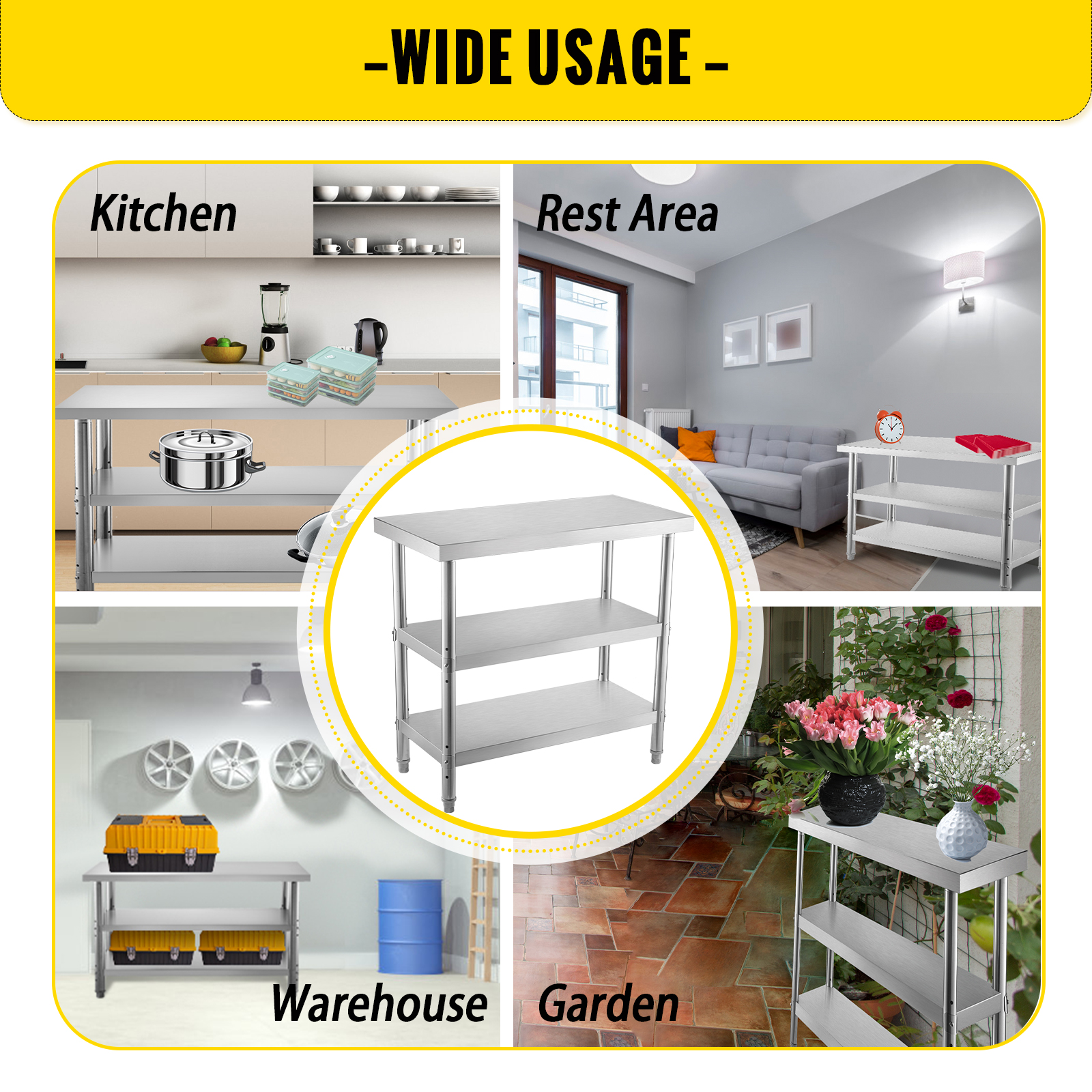 VEVOR outdoor food prep table used in kitchen, rest area, warehouse, and garden.