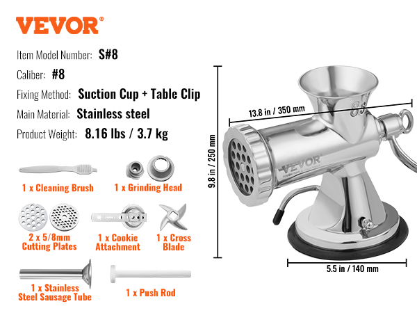 VEVOR manual meat grinder s#8, stainless steel, includes cutting plates, sausage tube, and cleaning brush.