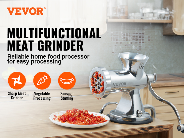 VEVOR manual meat grinder in a kitchen, showing the grinding process. icons for meat, vegetables, sausage.